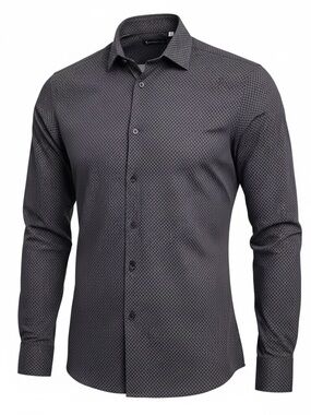 American Tall Men's Geometric Black Gray Poly Button-Up Shirt Long Sleeve M XT